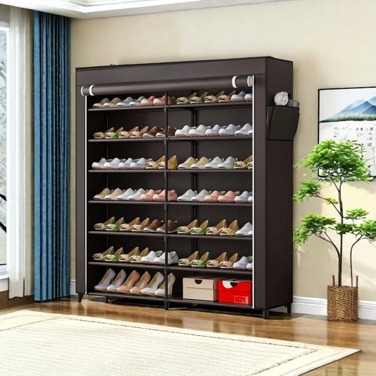 SUOERNUO Rectangle Shoe Rack Organizer - 7-Tier Metal Storage with Non-Woven Dust Cover, Side Pocket, Easy Installation - Holds 42 Pairs for Entryway, Bedroom Closet Storage & Organizing Shoes