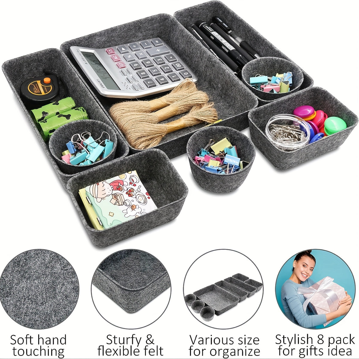 8pcs Desk Drawer Organizers, Multi-Use Felt Shallow Narrow Drawer Organizers, Separators Storage Box, Basket Shelf Cubes Foldable Drawer Dividers Desk Organisers for Home, Bedroom And Living Room