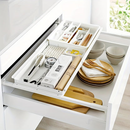 Adjustable Drawer Divider, Expandable Pull-Out Basket for Kitchen Utensil Storage, Thin Cabinet Organizer with Upper and Lower Tiers