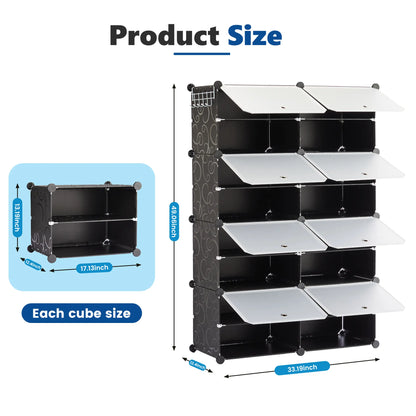 6/8-tier shoe cabinet, 24/32-tier capacity, with side hooks, sturdy metal frame, and black and white plastic panel shelves. Suitable for entryways, living rooms, and walk-in closets