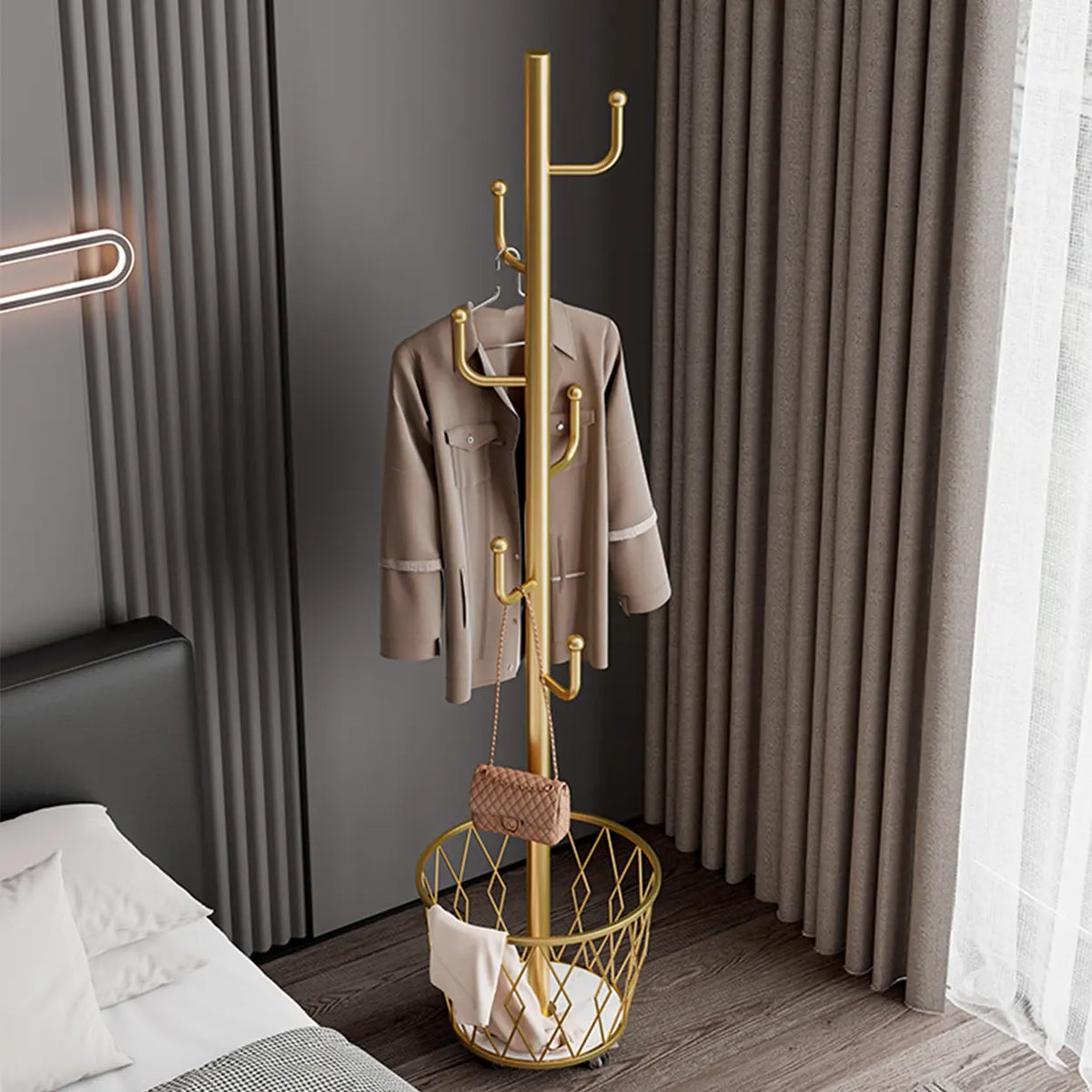 Rolling Clothes Rack with Storage Baskets & Wheels | Mobile Space Saving Garment Organizer | Freestanding Coat Rack Freestanding