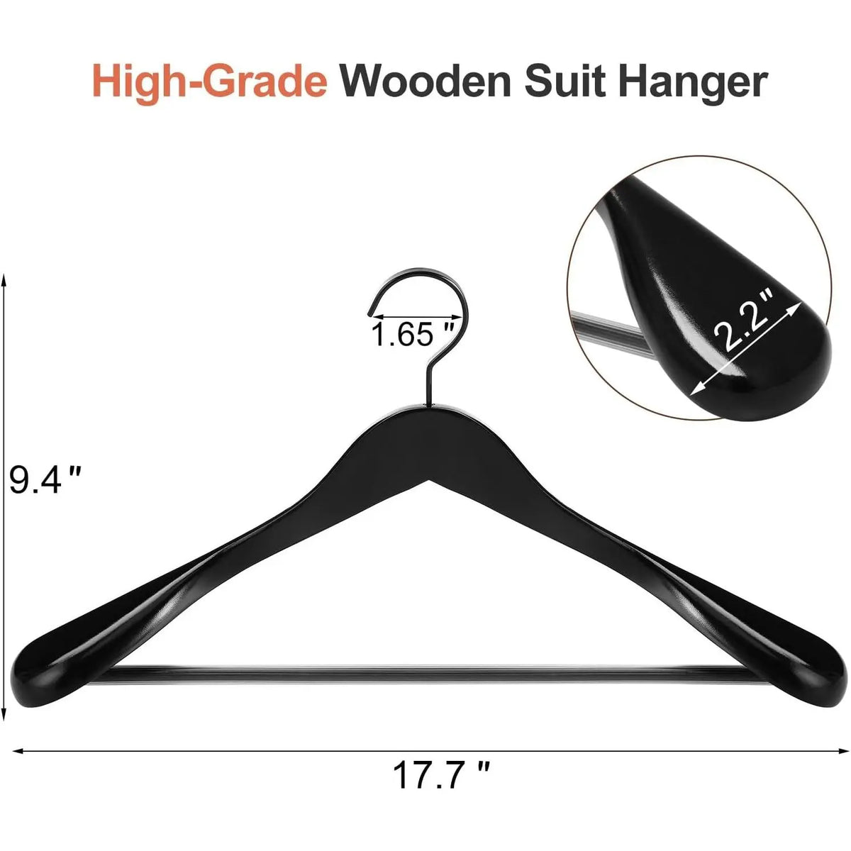 Black Wooden Coat Hanger 6 Pack, Wide Shoulder Wood Suit Hangers with Extra-Thick Flat Hooks & Anti-Slip Pants Bar, Heavy Duty Clothes Hangers,Glossy Finish, Black-CT02H