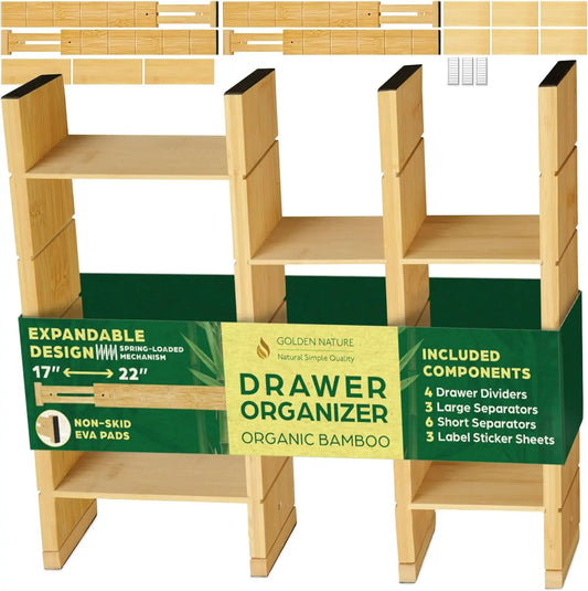 Golden Nature Bamboo Expandable Drawer Organizer Set - Sturdy 17-22 in Spring-Loaded Adjustable Dividers, Inserts, Labels, EVA Material, Racks for Kitchen Utensils, Vanity Storage (Organization Ideas Included)