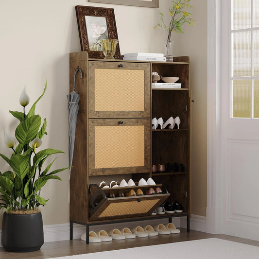 GARVEERattan Shoe Cabinet with 3 Flip-Up Doors and 4 Open Shelves, Natural Woven Storage Organizer for Entryway, Hallway, or Living Room, Holds 18-24 Pairs of Shoes