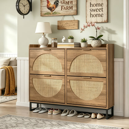 Entryway Rustic Oak Rattan Shoe Storage Cabinet, 2/3/4 Flip Drawers Freestanding Narrow Shoe Organizer, Shoe Rack With Sturdy Metal Legs And Hidden Golden Handles, Space Saving Hidden Footwear Storage Furniture Perfect For Hallway Front Door Home De