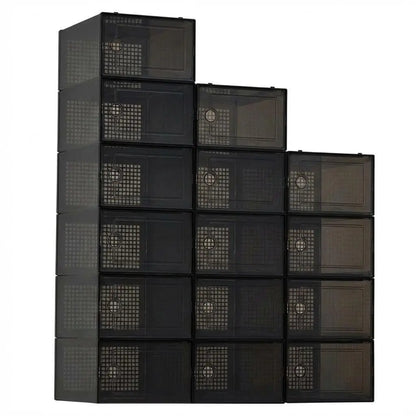 Garvee 15 Pcs Shoe Boxes, Transparent Stackable Plastic Shoe Organizer, Shoe Storage Containers with Lids for Women/Men, Black