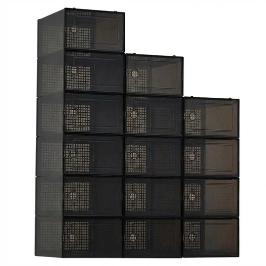 Garvee 15 Pcs Shoe Boxes, Transparent Stackable Plastic Shoe Organizer, Shoe Storage Containers with Lids for Women/Men, Black