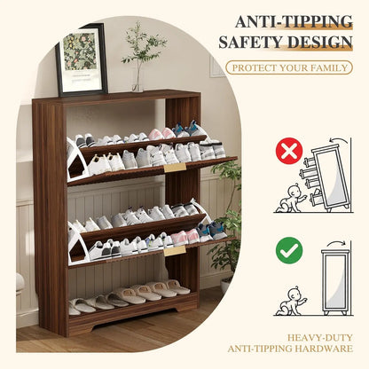 Slim Fluted Shoe Storage Cabinet, 2 Flip Drawers Shoe Rack Cabinet with Open Storage, Wooden Hidden Shoe Organizer Freestanding Narrow for Hallway, Entrance & Foyer