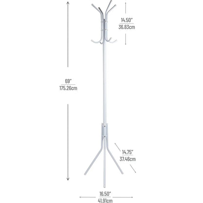 12-Hook Freestanding Clothes Rack - Modernist Look Stainless Steel Floor Standing Stand-Alone Coat Rack, Indoor Furniture Home Organizer for Coats, Hats, Jackets & Purses, Stainless Steel Coat Racks