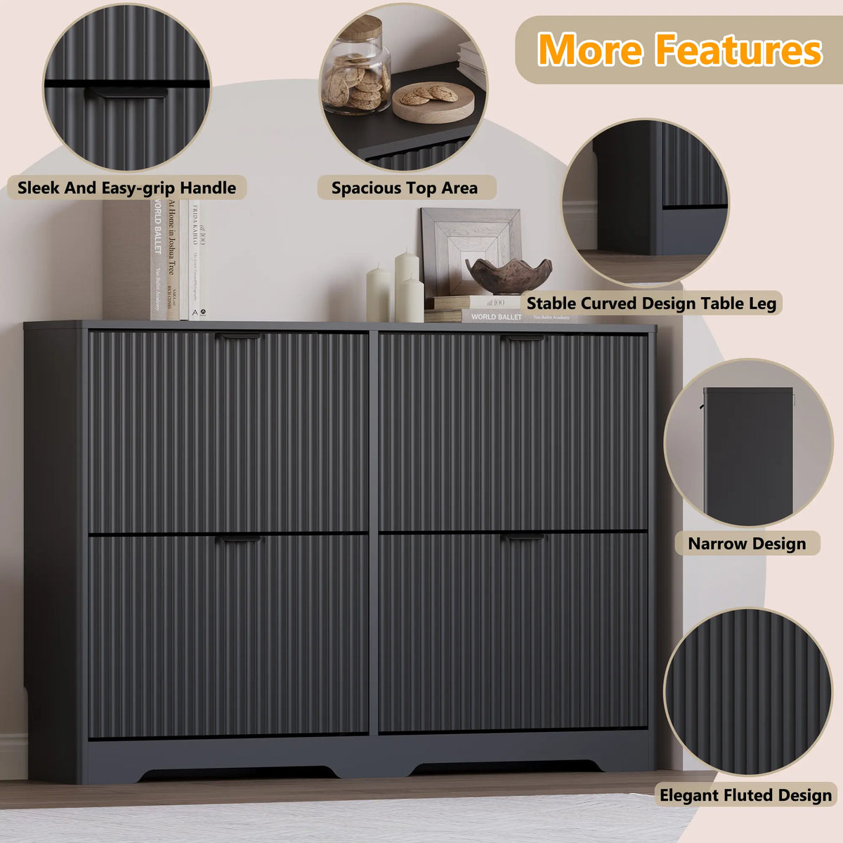 Shoe Cabinet Storage for Entryway with 4 Flip Drawers, Black Fluted Shoe Cabinet with Adjustable Shelves, Wooden Hidden Shoes Rack Freestanding Narrow Slim Shoes Storage for Hallway, Entrance ,dorm essentials,home decor