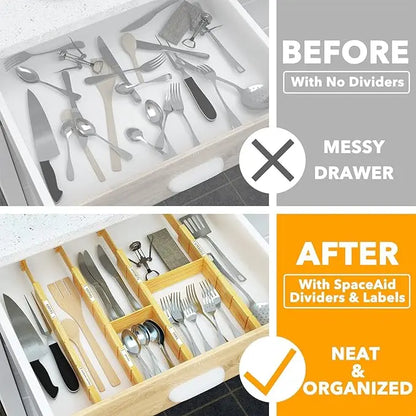 SpaceAid Bamboo Adjustable Kitchen Drawer Dividers Organizer with 8 Dividers with 18 Inserts (17-22 in)