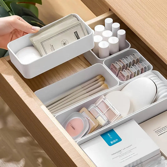 7 Pack Modular Drawer Organizer Trays, Multi-Size Free Combination White Plastic Drawer Divider Inserts, Custom Layout Storage Bins for Kitchen Utensils, Makeup Vanity, Desk Stationery, Bathroom Jewelry