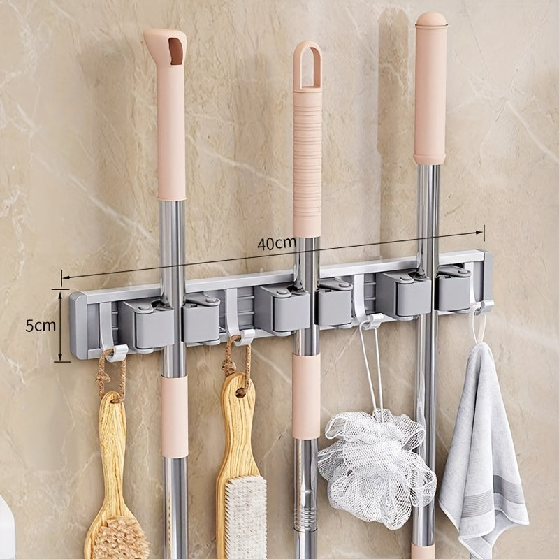 [Heavy-duty Adjustable Metal Mop Holder] Heavy-duty Golden Metal Mop And Broom Holder with Adjustable Hooks - Wall-mounted Organizer for Home, Kitchen, Garden, Laundry Room, Garage - Durable Tool And Equipment Storage Solution, Rack