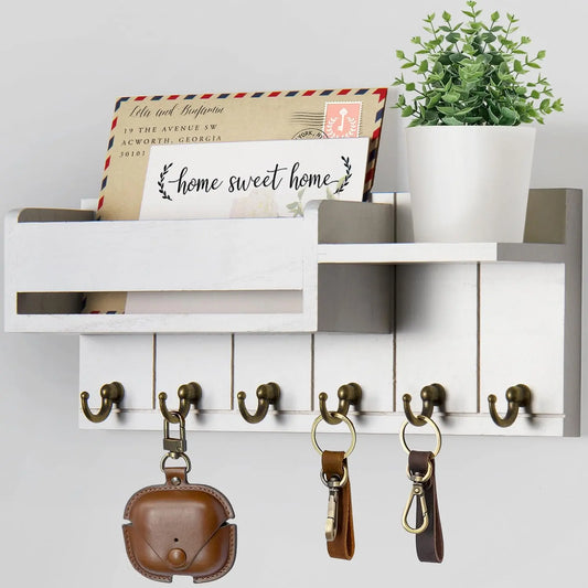 Wooden Wall-Mounted Key Organizer with 6 Hooks and Small Shelf, Mail Sorter and Entryway Storage Holder for Living Room or Entrance, Wall Mountable Home Decor Organizing Essential, Key Hanger Wall Mount, Wooden Wall Rack