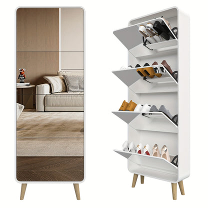 Organizedlife Declutter Your Entryway! 4-Drawer Mirrored Shoe Cabinet, Space-Saving Narrow Organizer with Flip Lids & Wood Legs, Hidden Storage for Up to 16 Pairs Of Shoes, Modern White Finish