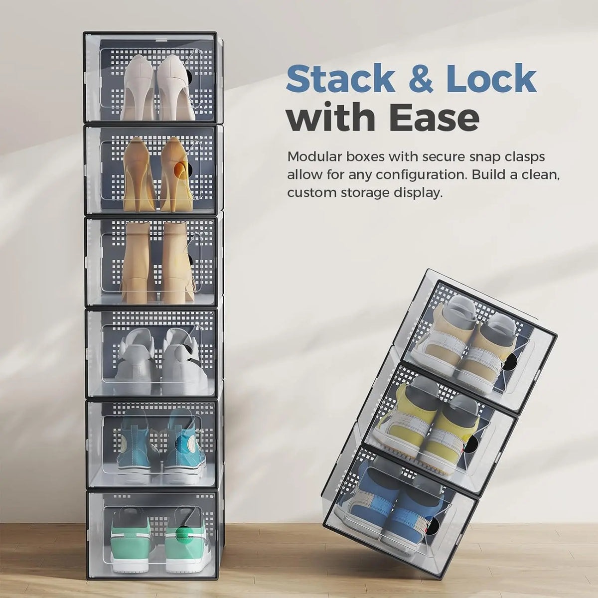Sweetcrispy 12-Pack High-Grade PE Plastic Configurable Shoe Storage Boxes - Stackable, High-Capacity Closet Organizers with Lids, Easy-Clean Plastic Surface, Breathable Airflow Keeps Fresh, Great for Entryway Shoe Sorting, Wedges, Flip-Flops
