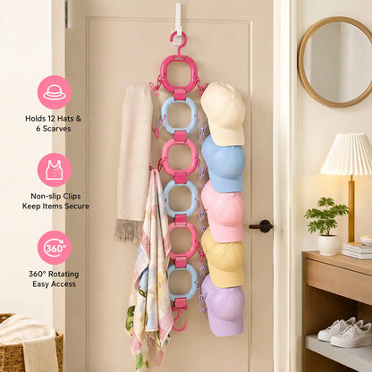 1 Count Hat Scarf Hanger Organizer, with 12 Non-marking Clips 360 Degree Rotatable Hook, for Closet Door Wardrobe Hanging Storage