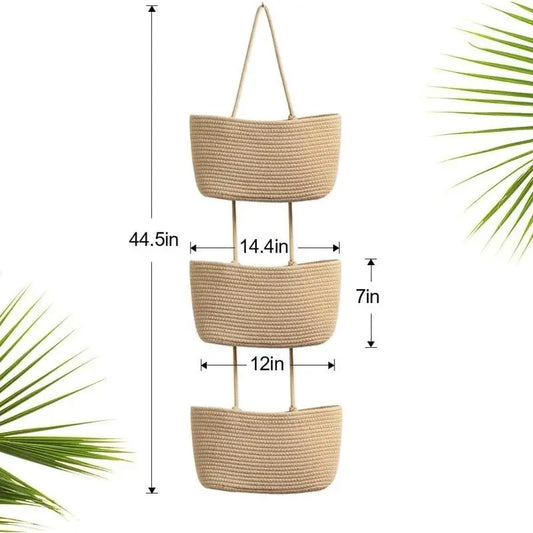 3-Tier Woven Cotton Over-the-Door Basket with Gift Hook - Wall-Mounted Jute Storage Organizer for Storage Organization, Decorative Nursery Solution for Busy Parents to Store Diapers, Toys, Laundry
