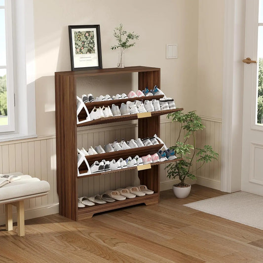Slim Fluted Shoe Storage Cabinet, 2 Flip Drawers Shoe Rack Cabinet with Open Storage, Wooden Hidden Shoe Organizer Freestanding Narrow for Hallway, Entrance & Foyer
