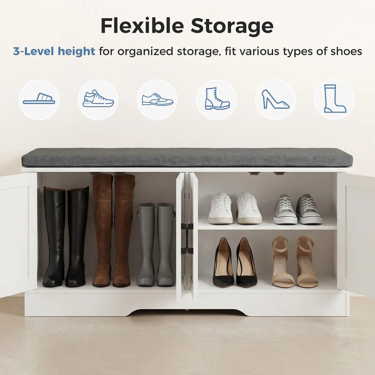 Sweetcrispy White Shoe Storage Organizer Bench with Padded Seat Cushion, Large Capacity Entryway Cabinet with 4 Barn Doors, Versatile Indoor Furniture for Hallway, Living Room, Bedroom