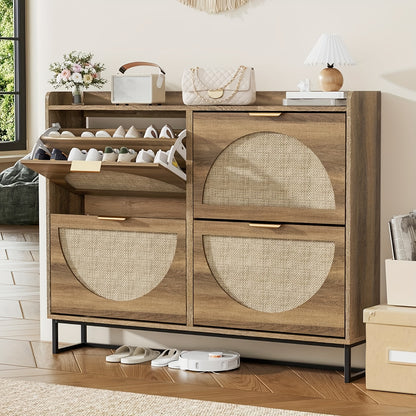 Entryway Rustic Oak Rattan Shoe Storage Cabinet, 2/3/4 Flip Drawers Freestanding Narrow Shoe Organizer, Shoe Rack With Sturdy Metal Legs And Hidden Golden Handles, Space Saving Hidden Footwear Storage Furniture Perfect For Hallway Front Door Home De