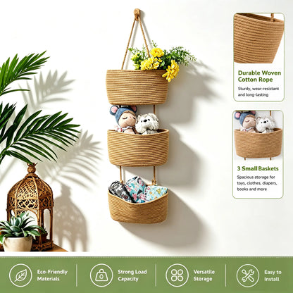 Woven Cotton 3-Tier Over-The-Door Wall-Mountable Storage Basket with Handles - 11in Home Accessory for Beauty & Daily Necessities Room Storage, French Country Organizer