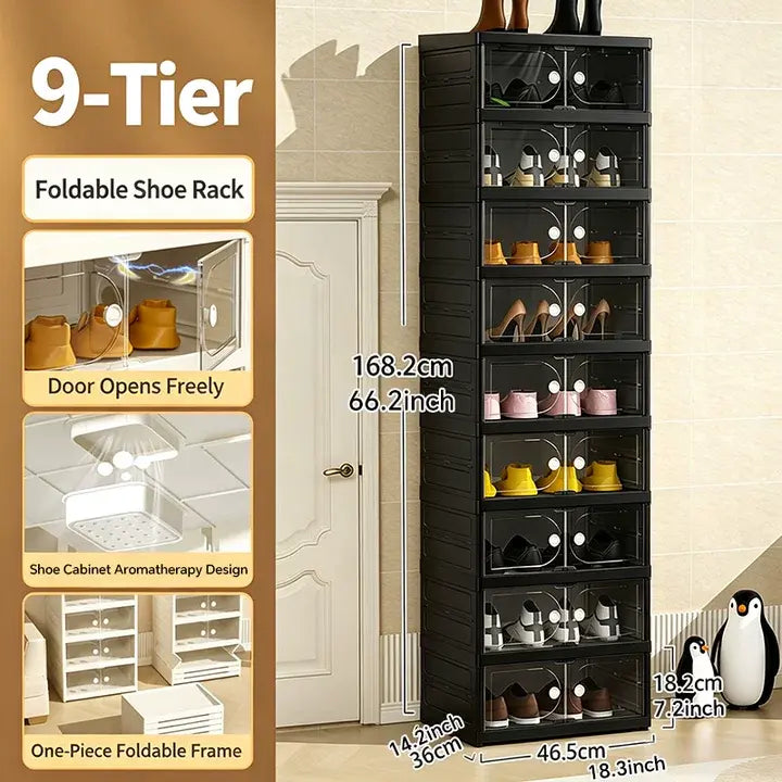 MiAoLi 10-Layer Folding Shoe Rack Organizer, Magnetic Transparent Door Plastic Shoe Cabinet with Quick Magnetic Close & Door Snap, Stackable, 20-Pair Capacity, Sturdy, No-Installation, Simple Design, Space-Saving, Indoor Furniture (TikTok Shop)