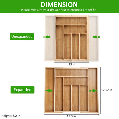 Bamboo Expandable Drawer Organizer with Dividers - Natural Finish Cutlery Tray, Space-Saving Adjustable Home Organizer for Silverware Storage, Elegant Warm Bamboo Kitchen Accessory
