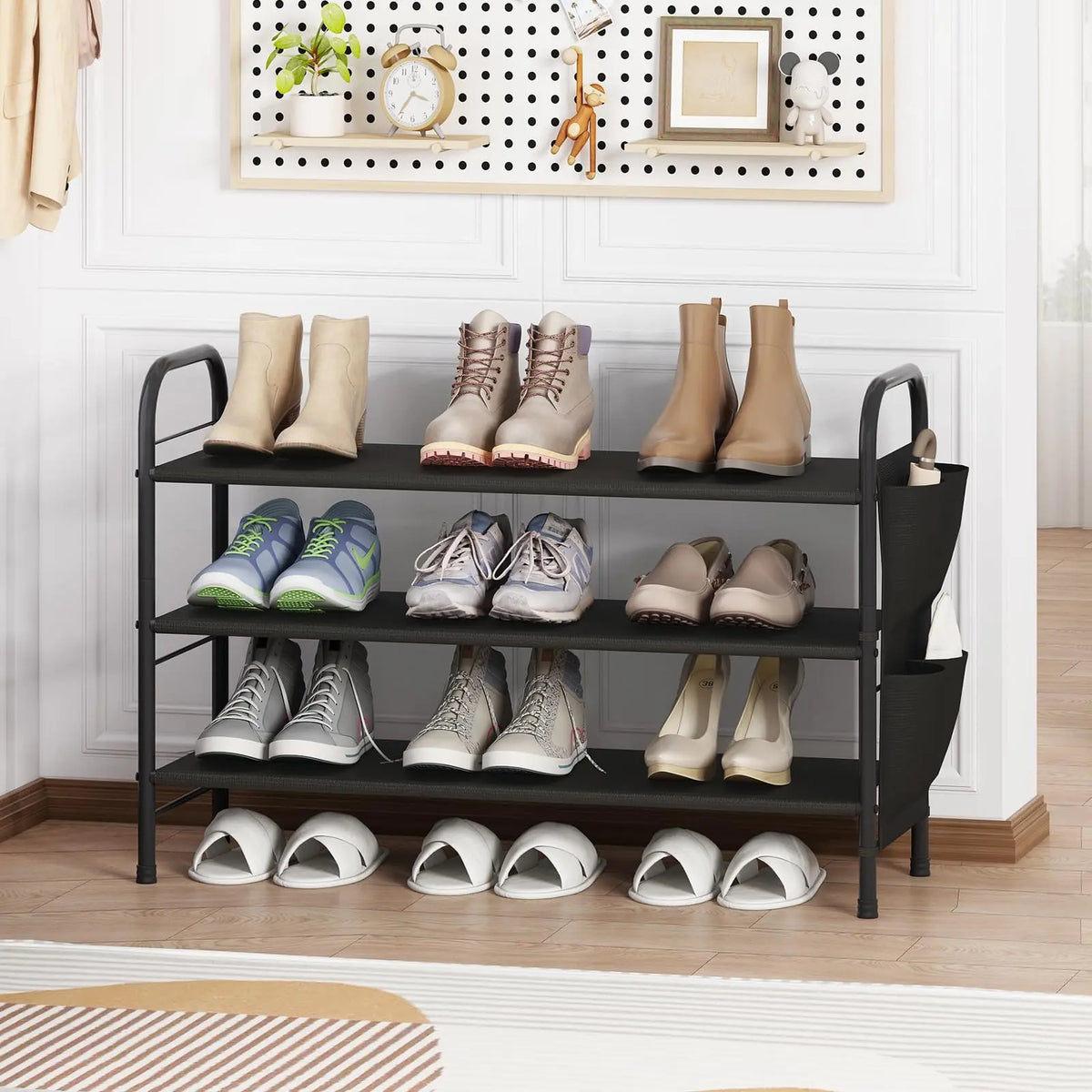 SUOERNUO Stable 4-Tier Vertical Shoe Rack Organizer - Free-Standing Iron + Fabric Shelf with Side Bag, Holds 9-12 Pairs, 10-15 kg Capacity, Bronze Organizer Storage for Entryway Bedroom, Small Room Organization