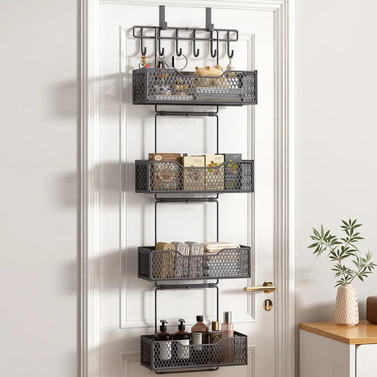 SUOERNUO Over The Door Organizer - Hanging Door Racks with 4 Large-Capacity Metal Baskets, 6 Coat Hooks, Hanger Installation for Bedroom Storage, Apartment Accessories, Organizer Storage Needs