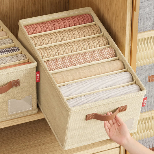 Foldable 7-Grid Clothing Storage Box Cotton Linen Wardrobe Organizer, Heavy Duty Closet Drawer Divider Bins for Jeans Pants T-Shirts Leggings