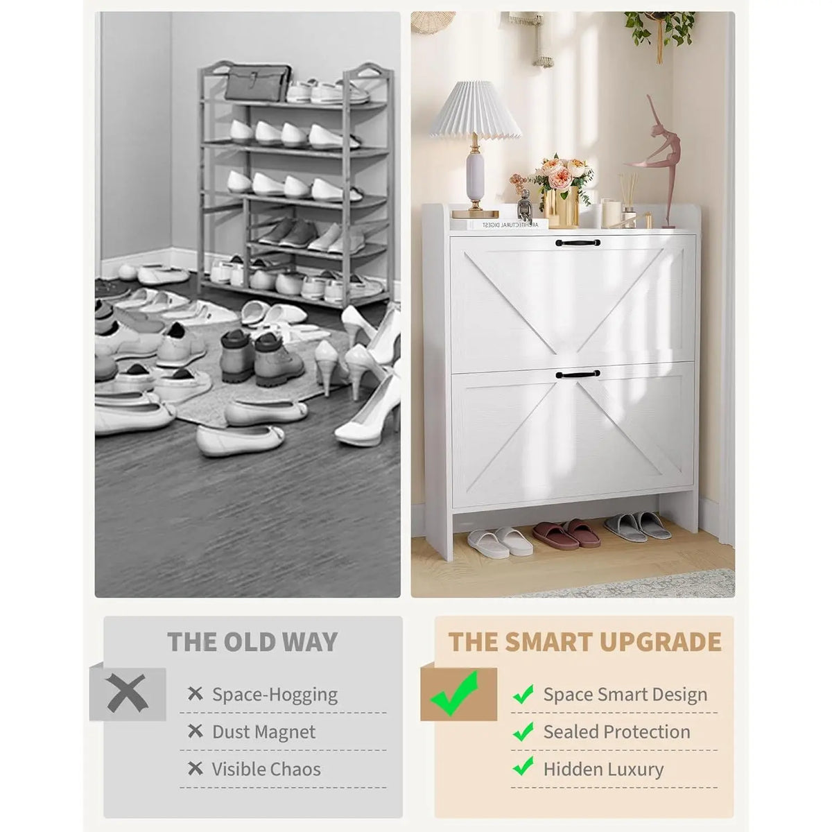 Slim Narrow Shoe Cabinet with 2 Turn over Drawers – Hidden Large Capacity Storage Organizer for Entryway or Hallway – Adjustable Shelf, Dustproof Freestanding Design, Sturdy MDF & Metal Legs, Modern Farmhouse & Industrial Style, Anti-Tip – Black or White