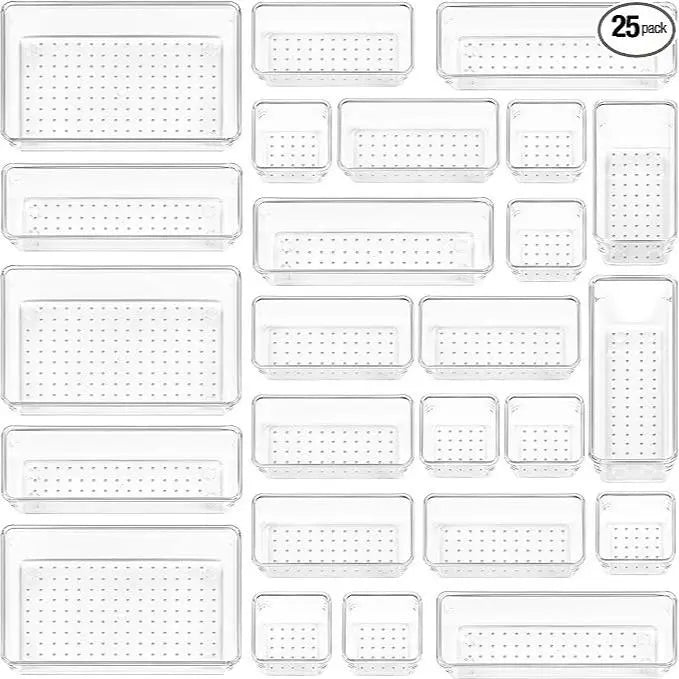 Durable 25/37/60 PCS Clear Plastic Drawer Organizers Set, 4-Size Versatile Silicone Bathroom Boxes and Vanity Trays, Storage Bins For Makeup, Kitchen, Cabinet Organizer, Dresser Drawer Organizers