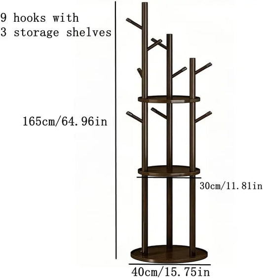 VDXGHU Solid Wood Rotating Coat Rack - Freestanding Round Shape Single Unit Organizer with 9 Hooks, 3 Storage Shelves, Rotates Easily, Organizes Clothes for Hallway, Bedroom Corner, Mixed Wood/Metal