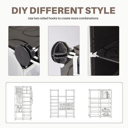 Sweetcrispy Shoe Cabinet Storage Organiser - 6/8-Tier Rack with 24/32 Capacity, Side Hooks, Sturdy Metal Frame, Black & White Plastic Panel Shelves, Closet Organizer, Wardrobe Dorm Room & Apartment Stuff Extended Dorm Storage Solutions