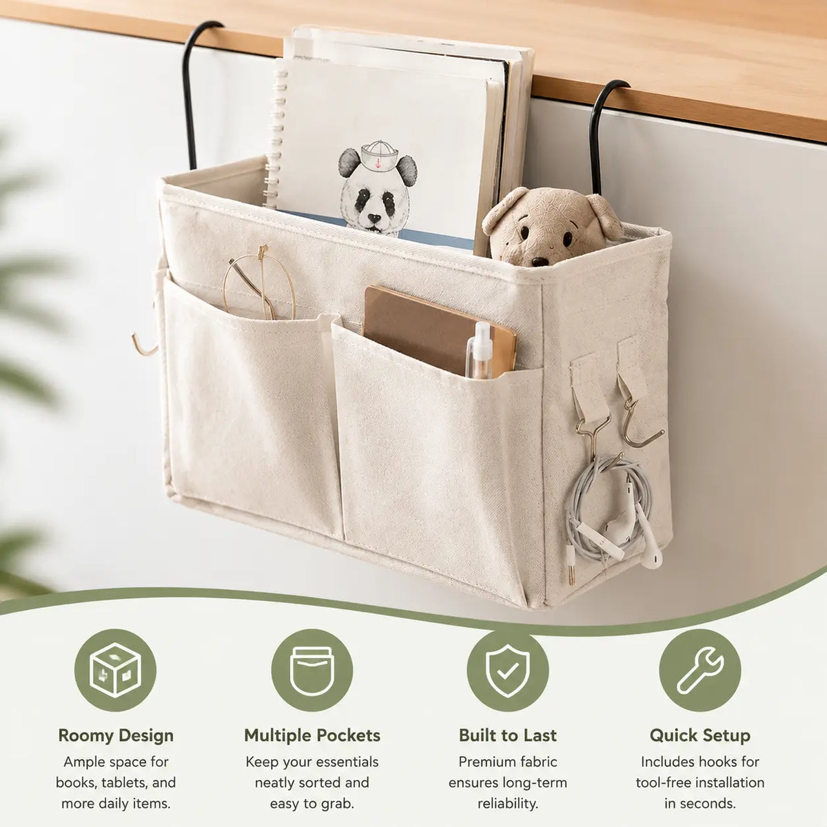 Over-the-Bed Hanging Storage Organizer for Small Spaces – Heavy-Duty Fabric Bins with Adjustable Height Straps, Ideal for Dorms, Apartments, and Compact Bedrooms to Store Towels, Linens, Toiletries, Books, and Everyday Essentials, Storage Bin