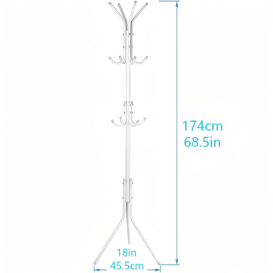 Freestanding Hall Tree Coat Rack - 12 Metal Hooks, 3-Tier Neutral Entryway Organizer for Coats, Hats, Purses, Sturdy Triangular Space-Saving Home Furniture with Complete Accessories & Instructions for Interior, Cleaning and Organizing, Living Room Decor