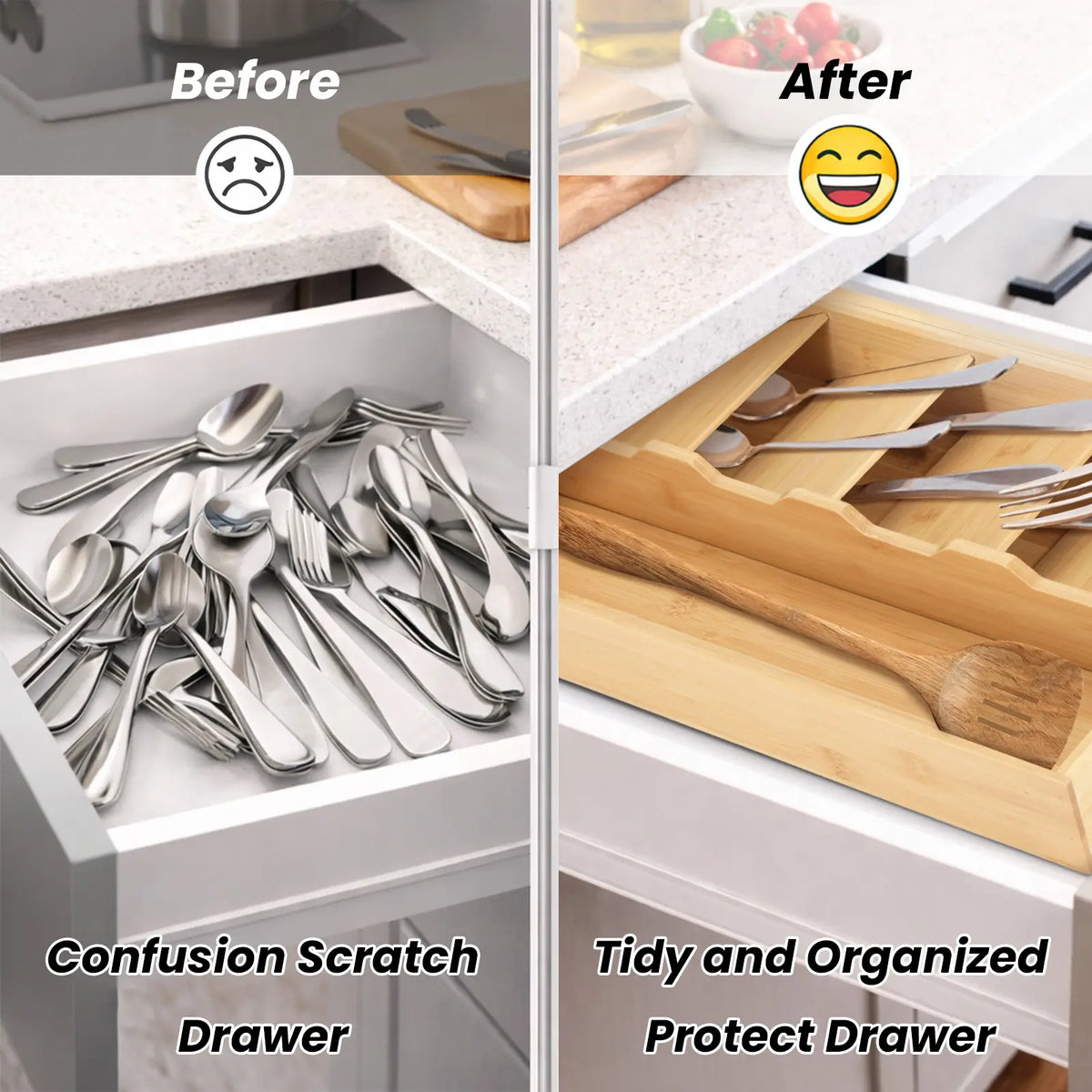 Natural Bamboo Drawer Organizer - Multifunctional Expandable Adjustable Holder, Neat Divider Storage Container Rack, Eco-Friendly Space-Saving Accessory for Kitchen Tools, Cutlery, 16.6in x 5.5in x 2.3in, Divided Container Rack Accessories