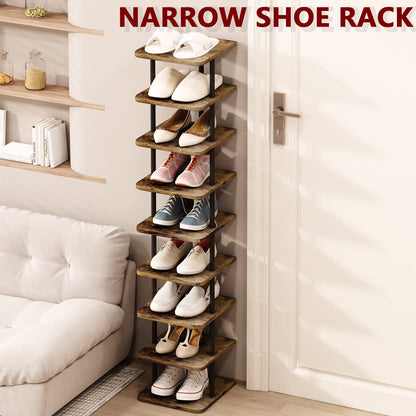 Shoe Rack 9 Tier Vertical Storage Organizer Narrow Metal Slim Shelf Modern Free Standing Shoe Tower Saving Space for Closet Entryway Bedroom