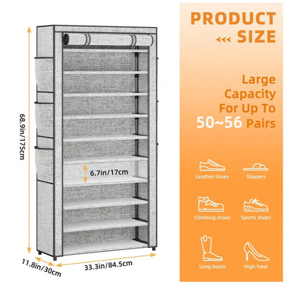 MOMOK 9 Tiers Shoe Rack Organizer,  Max Holds 55 Pairs, Metal Shoe Storage, Shelf with Hooks for Entryway, Garage, Black Footwear Organization Closet Shoe Rack