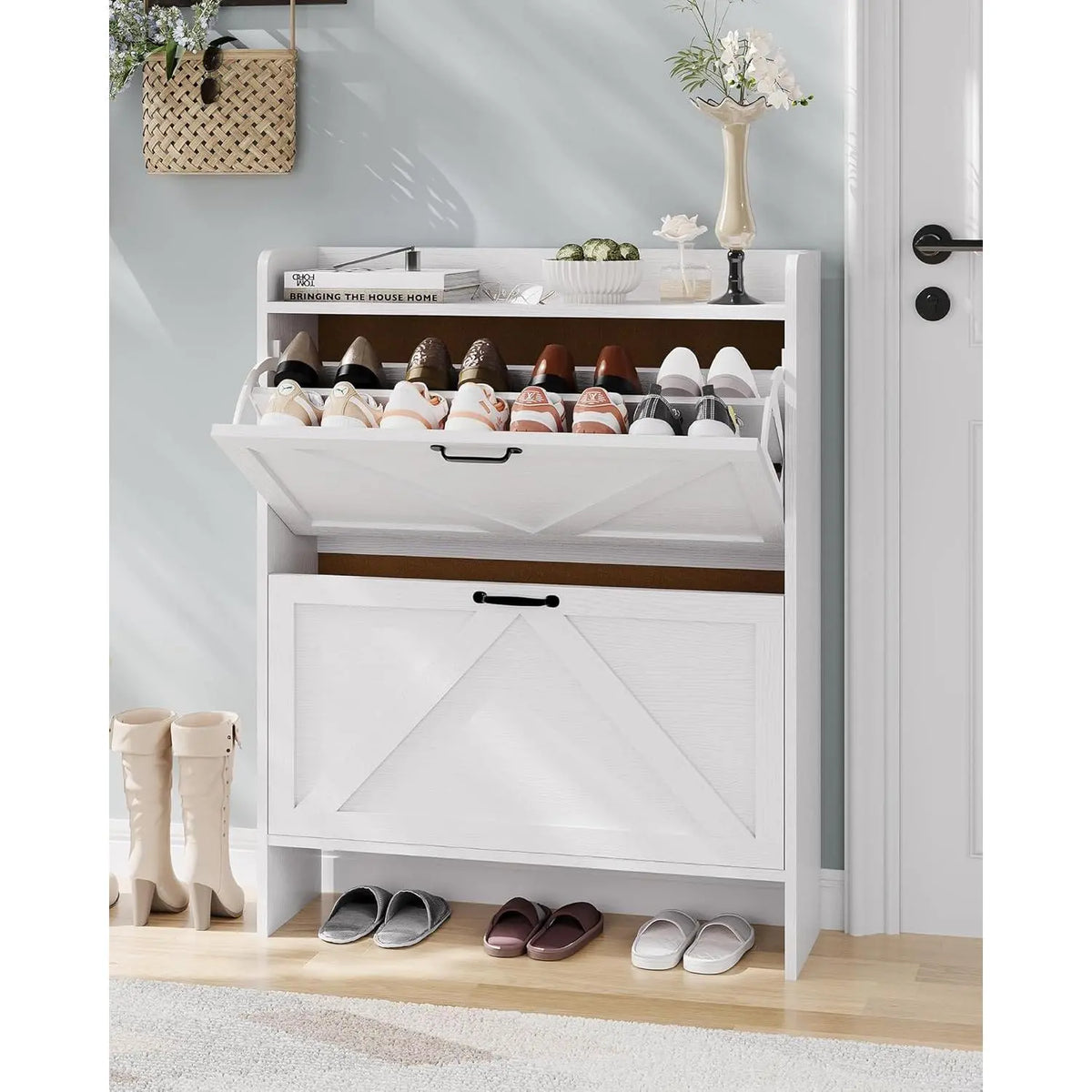 Slim Narrow Shoe Cabinet with 2 Turn over Drawers – Hidden Large Capacity Storage Organizer for Entryway or Hallway – Adjustable Shelf, Dustproof Freestanding Design, Sturdy MDF & Metal Legs, Modern Farmhouse & Industrial Style, Anti-Tip – Black or White
