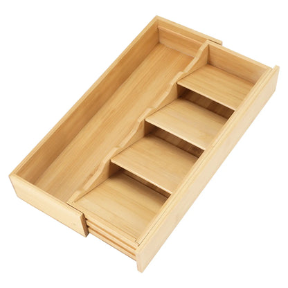 Natural Bamboo Drawer Organizer - Multifunctional Expandable Adjustable Holder, Neat Divider Storage Container Rack, Eco-Friendly Space-Saving Accessory for Kitchen Tools, Cutlery, 16.6in x 5.5in x 2.3in, Divided Container Rack Accessories