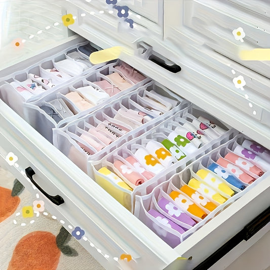 4pcs Set of 7-Compartment Folding Storage Boxes - Non-Woven Fabric Drawer Organizer with Mesh Panel, Suitable for Pants, Underwear, Trousers, and Travel Accessories, Space-Saving Wardrobe Storage Box