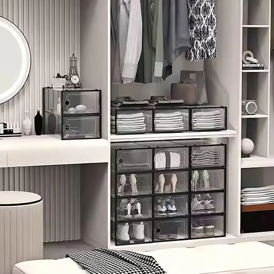 Stackable Shoe Storage Container, Transparent Hard Plastic Box, DIY Easy Assembly, Door Frame, Space Saving, Foldable Multi-Functional, Clear Shoe Boxes, Shoes Storage