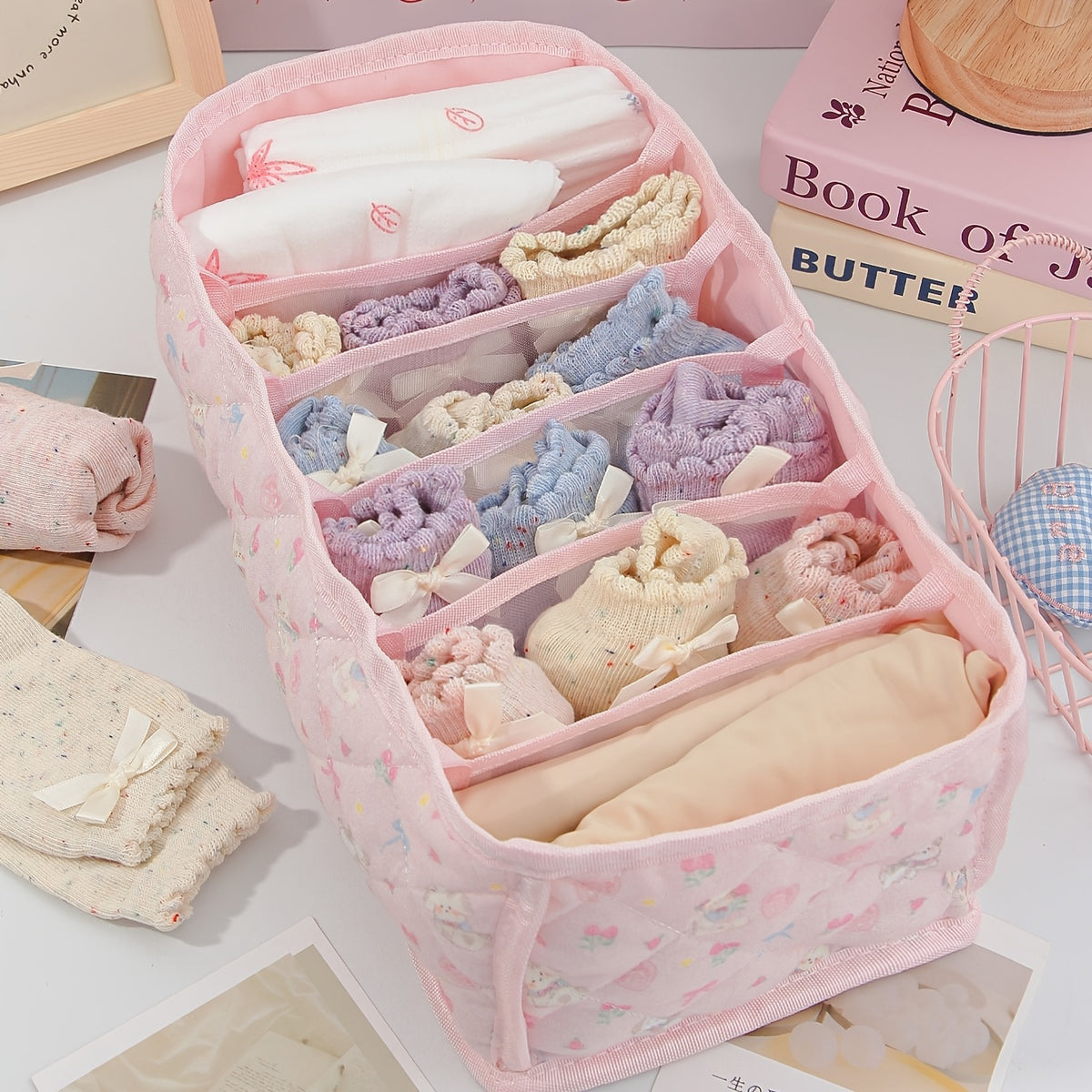 KINGKISS Cute Cartoon Storage Basket with Layered Dividers & Insertable Organizer - Suitable for Underwear, Socks, Clothing,, Snacks, Bra Organizer - Dorm Room Wardrobe Shelf Box, Space-Saving Organizer for And