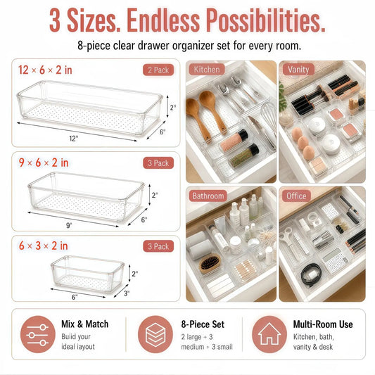SANNAX 8-Pack Large Rectangle Acrylic Storage Boxes - Heavy-Duty Divided Organizer for Drawer and Bin Insertion - Non-Slip Storage Organization Solution for Kitchen Utensils, Bathroom, Drawer And Bin Insertion Storage Boxes