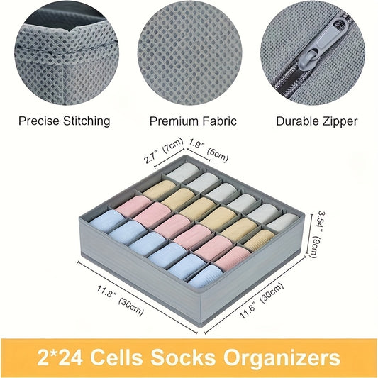 Fabric 2 Pack 48-Compartment Socks & Underwear Organizers - Durable Zipper, Foldable Modern Closet Storage Box for Socks, Underwear, Ties - Ideal for Bedroom & Home Decor, Closet Organization | Organizer | Durable Zipper Closure, Sock Organizer, Underwear