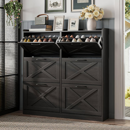 Washed Gray Shoe Storage Cabinet with 6 Flip Drawers | Narrow Freestanding Shoe Cabinet and Shoe Storage Organizer with Metal Handles for Entryway, Large Shoe Rack Organizer, Modern Farmhouse Style, Ideal for Shoe Racks, Made of Particle Board