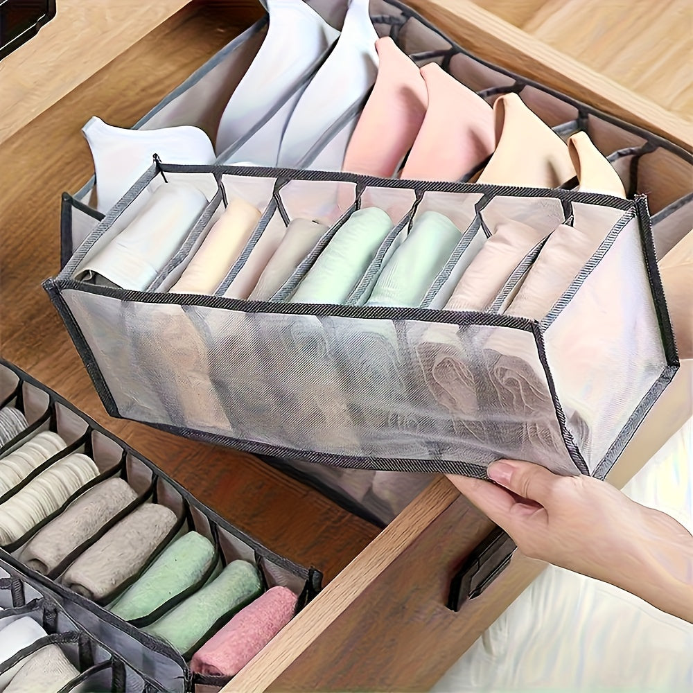 [Folding Storage Boxes] 4pcs Set of 7-Compartment Folding Storage Boxes - Non-Woven Fabric Drawer Organizer With Mesh Panel, Suitable for Pants, Underwear, Trousers, and Travel Accessories, Space-Saving Wardrobe Storage Box