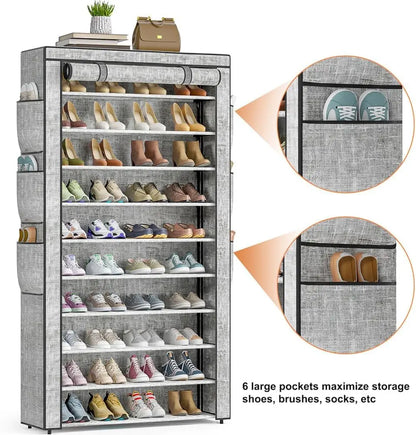 MOMOK 10-Tiers Shoe Rack Tall Large Capacity 20-24 Pairs Wide Shoe Organizer Sturdy Shoe Shelf for Entryway with Two Hooks Metal Shoe Storage for Closet, Bedroom, Black